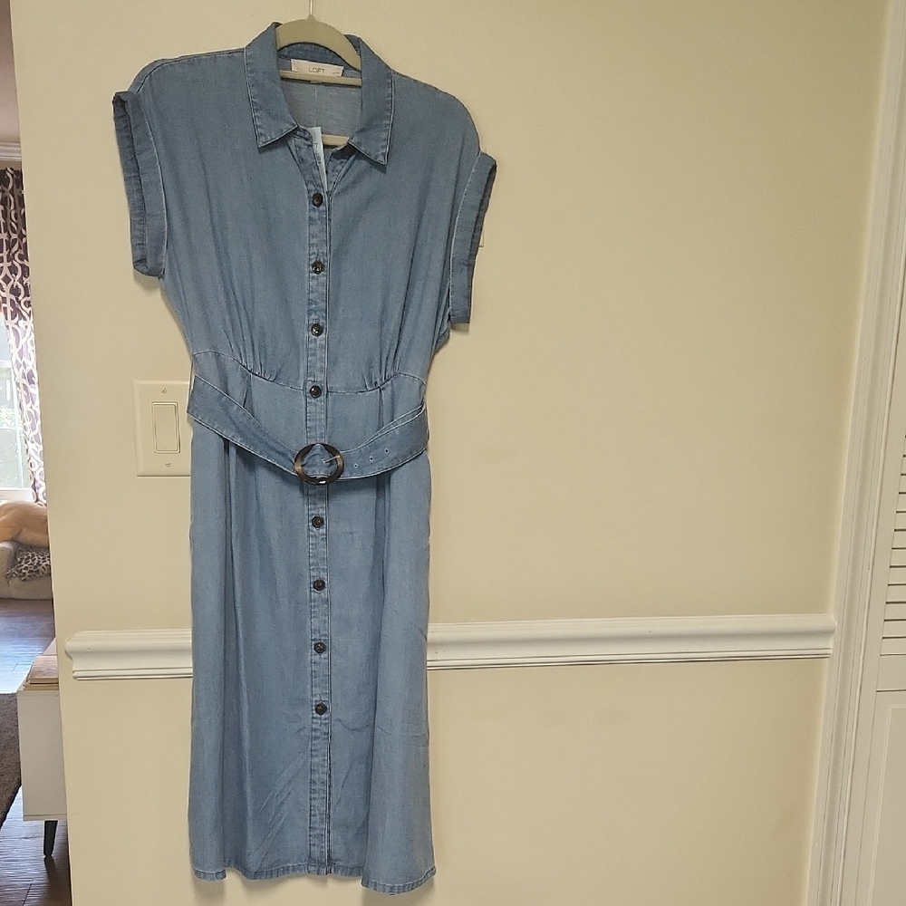 LOFT Blue Notched Collar Cuffed Sleeve Midi Dress